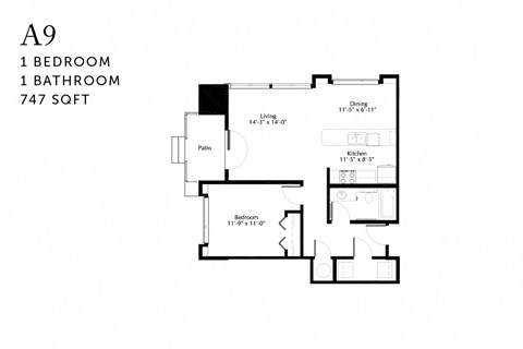 Floor plan for 1 bed, 1 bath, 747 sqft